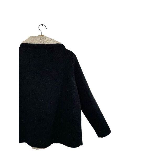 ZARA Knit Black Long Sleeve Faux Sherpa Collared Sweater Size L Open Pockets - Picture 6 of 13